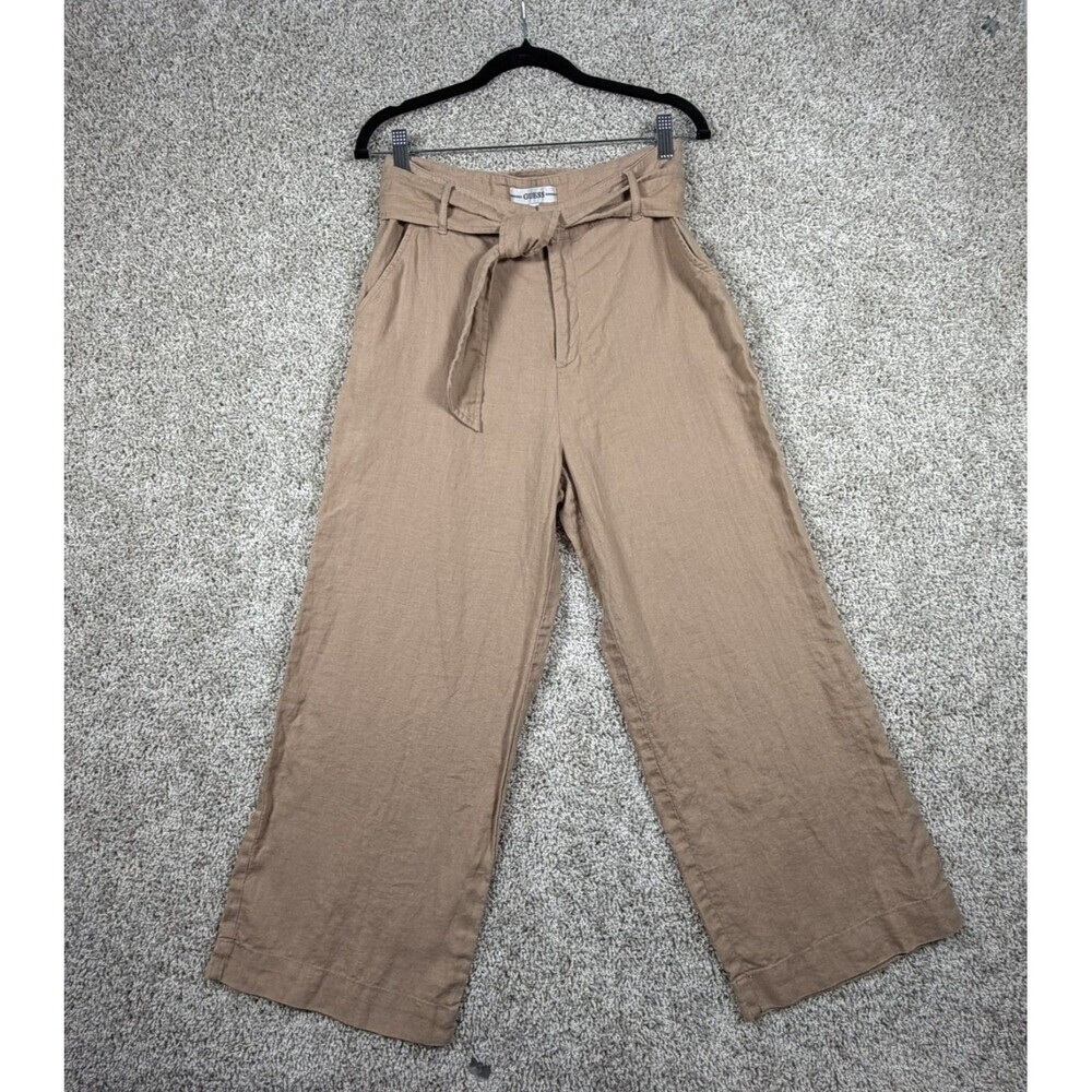 GUESS Womens Linen Wide Leg Pants Size Small Beige Paperbag Waist Tie Belt Casua